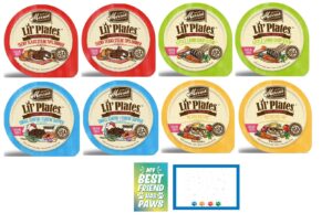 lil' plates grain-free small breed wet dog food 8 pack, 3.5 oz each, includes: texas steak, lamb chop, pot pie, surfin turfin - plus fun paw notepad and sticker (10 items total)