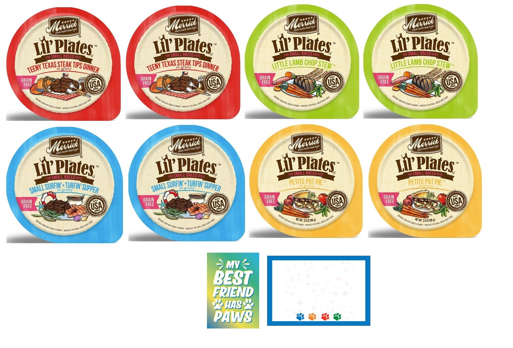 Lil' Plates Grain-Free Small Breed Wet Dog Food 8 Pack, 3.5 Oz Each, Includes: Texas Steak, Lamb Chop, Pot Pie, Surfin Turfin - Plus Fun Paw Notepad and Sticker (10 Items Total)