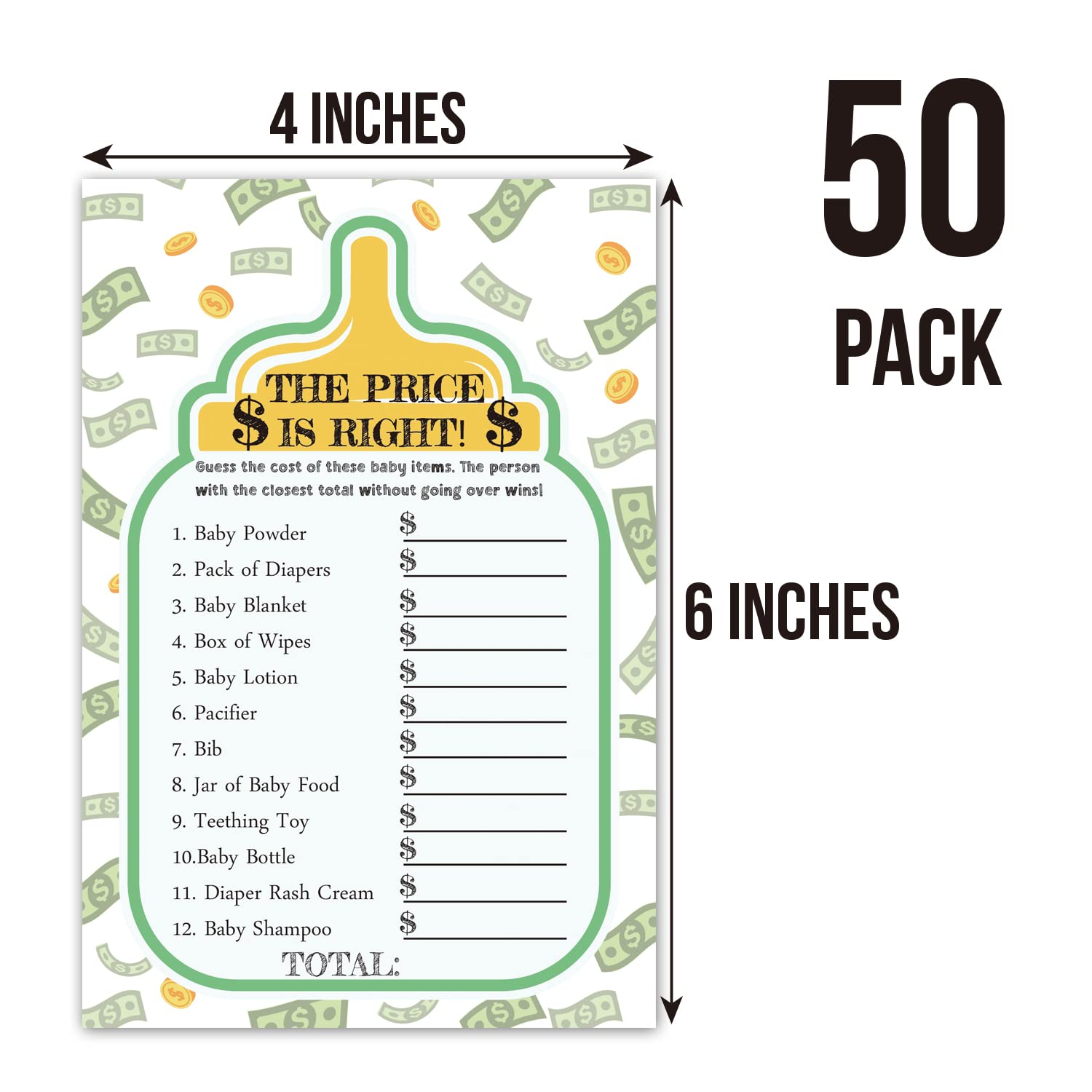 TENTADO 50 The Price Is Right Baby Shower Game For Boys or Girls - Fun Party Activities Card - Cute Best Gender Neutral Reveal Guessing Funny Question Bundle Pack, 4x6 Inches