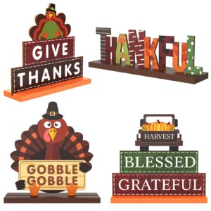 thanksgiving centerpieces for tables decorations, 4 pack wooden pumpkin turkey thankful blessed decorative signs, harvest autumn fall decor for home indoor party farmhouse office desk fireplace