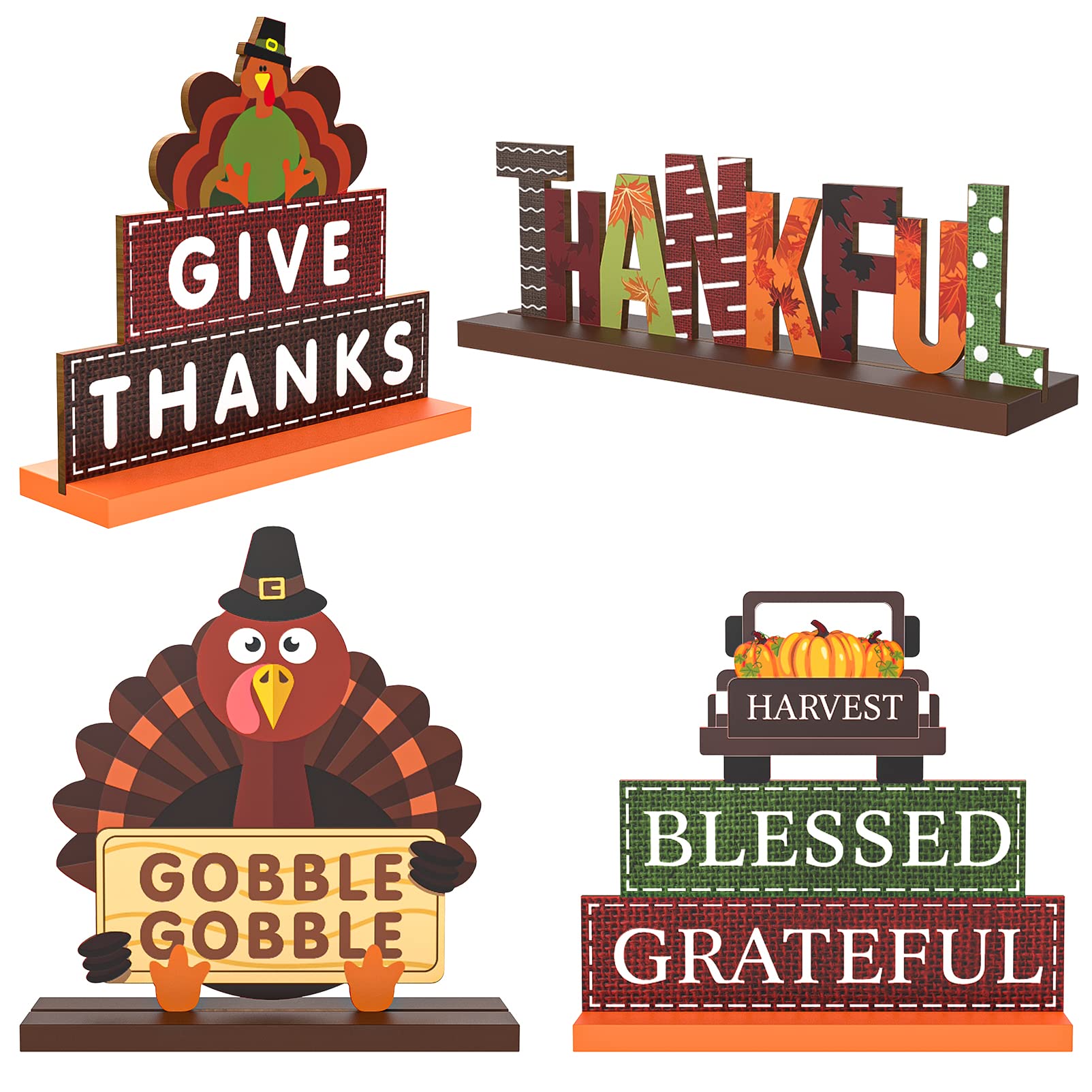 Thanksgiving Centerpieces for Tables Decorations, 4 Pack Wooden Pumpkin Turkey Thankful Blessed Decorative Signs, Harvest Autumn Fall Decor for Home Indoor Party Farmhouse Office Desk Fireplace