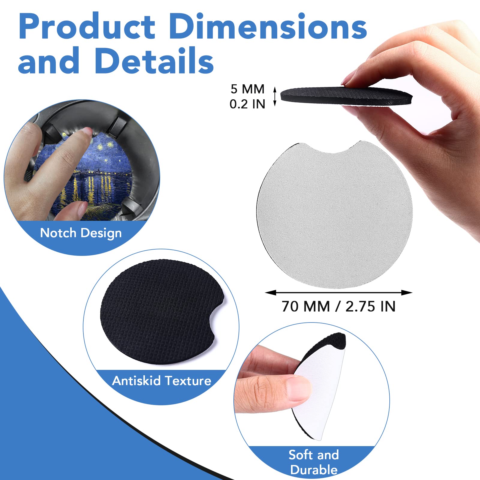 150 PCS Sublimation Blank Car Coasters, 2.75 in Circular Opening Blank Sublimation Coasters for Thermal Sublimation DIY Crafts, Car Coasters.