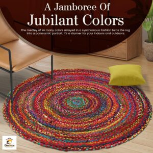 GRUHUM Cotton Area Rug 5ft-Natural Fiber Round Multicolour Handmade Boho Charm Farmhouse Soft Braided Rustic Vintage for Living Room Bedroom Indoor EcoFriendly Kitchen Enterways Hallways(5'ft Round)