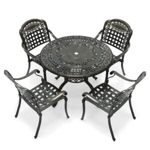 vivijason 5-piece outdoor patio furniture dining set, all-weather cast aluminum conversation set, include 4 chairs and 38.5" round table w/umbrella hole for balcony, lawn, garden, backyard