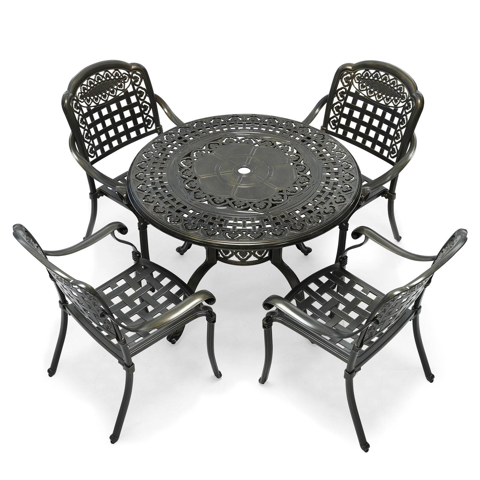 VIVIJASON 5-Piece Outdoor Patio Furniture Dining Set, All-Weather Cast Aluminum Conversation Set, Include 4 Chairs and 38.5" Round Table w/Umbrella Hole for Balcony, Lawn, Garden, Backyard