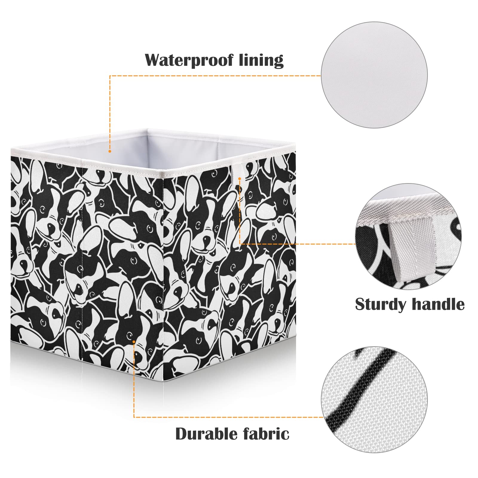 Poeticcity Seamless Black White Doodle Dog Head French Bulldog Puppy Face Rectangular Storage Basket Bin, Collapsible Storage Box, Foldable Nursery Baskets Organizer for Toy, Clothes Easy to Assemble