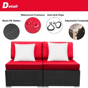 LAZYLAND 2PCs Outdoor PE Wicker Rattan Patio Sofas, with Fade-Resistant Washable Cushions and Pillows, Leisure Conversation kit (Red)