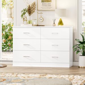 fotosok white dresser, 47.2'' large 6 drawer dresser wide chest of drawers for tv stand, modern dresser white floor storage drawer cabinet for home office, white