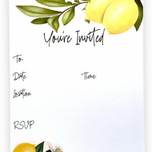 25 Lemon & Greenery Invitations With Envelopes, Weddings, Graduations & Birthdays. Fall & Spring Blooming Lemons Theme. Thick & Non Coated Cardstock For Use With Any Pen.