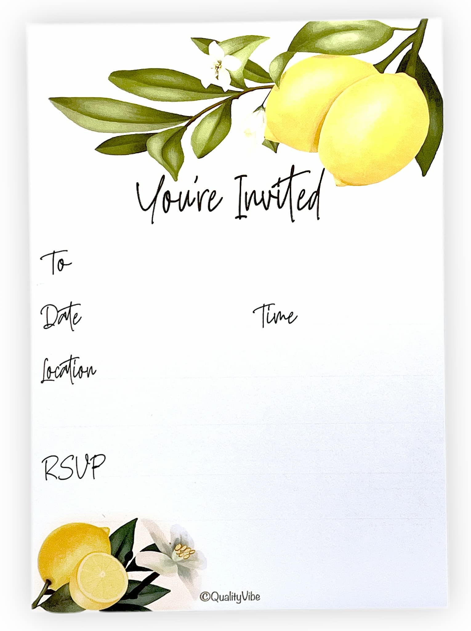 25 Lemon & Greenery Invitations With Envelopes, Weddings, Graduations & Birthdays. Fall & Spring Blooming Lemons Theme. Thick & Non Coated Cardstock For Use With Any Pen.