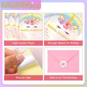 24 Set Unicorn Party Invitation with Envelope and Sticker Rainbow Unicorn Party Supplies for Girls Boys Fill in the Blank Invites for Kids Birthday Baby Shower Decoration(Girls Unicorn)