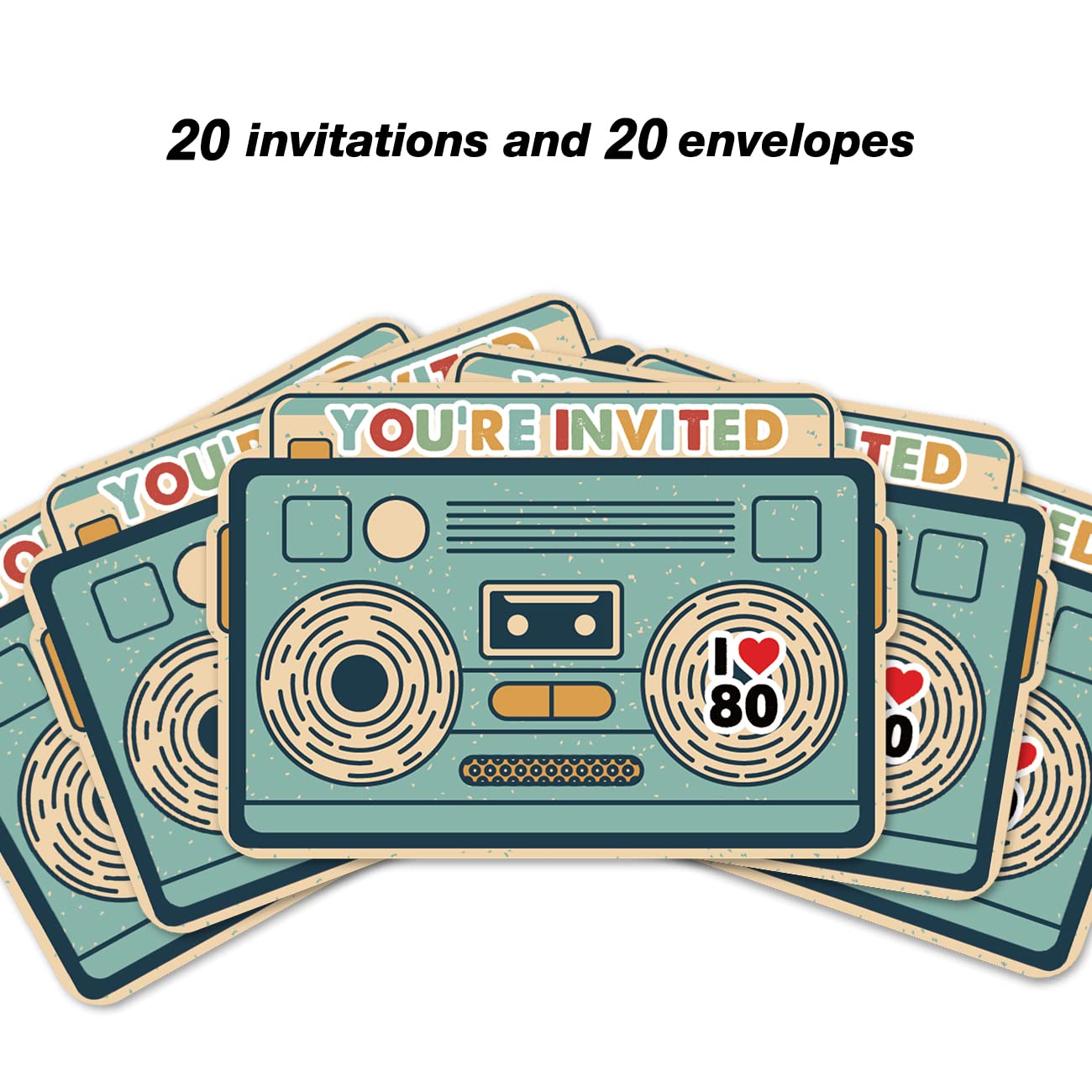 80s Birthday Party Invitations with Envelopes, 20 Set 80's Cassette Tape Shaped Invitations Birthday Bday Party Invites Supplies Favors, Double-Sided