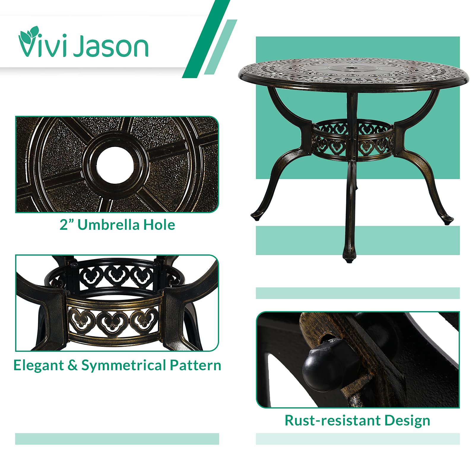 VIVIJASON 5-Piece Outdoor Patio Furniture Dining Set, All-Weather Cast Aluminum Conversation Set, Include 4 Chairs and 38.5" Round Table w/Umbrella Hole for Balcony, Lawn, Garden, Backyard