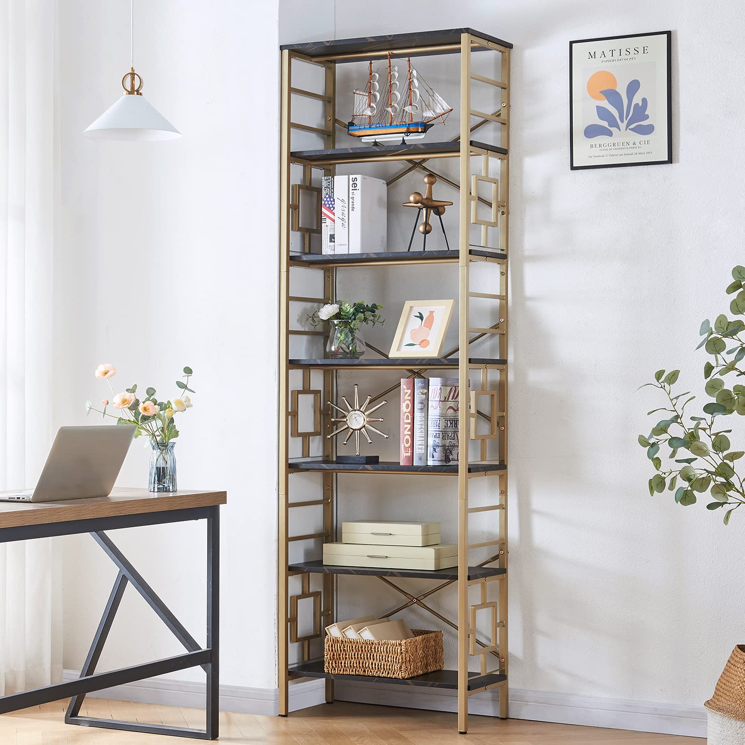 HOMISSUE Bookcase,7-Tier Tall Bookshelf Metal Bookcase and Bookshelves, Free Standing Storage Modern Bookshelf for Home Office Living Room and Bedroom, Black & Gold