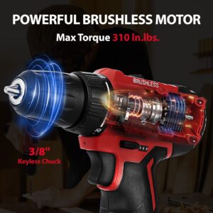 DCK Brushless Drill Set, 310 in.lbs，12V Max Cordless Drill with 2.0Ah Battery, 3/8’’ Keyless Chuck, 2 Variable Speeds, 20+1 Torque Power Tool Kit for Screw Wood/Ceramic/Tile/Metal KDJZ23-10