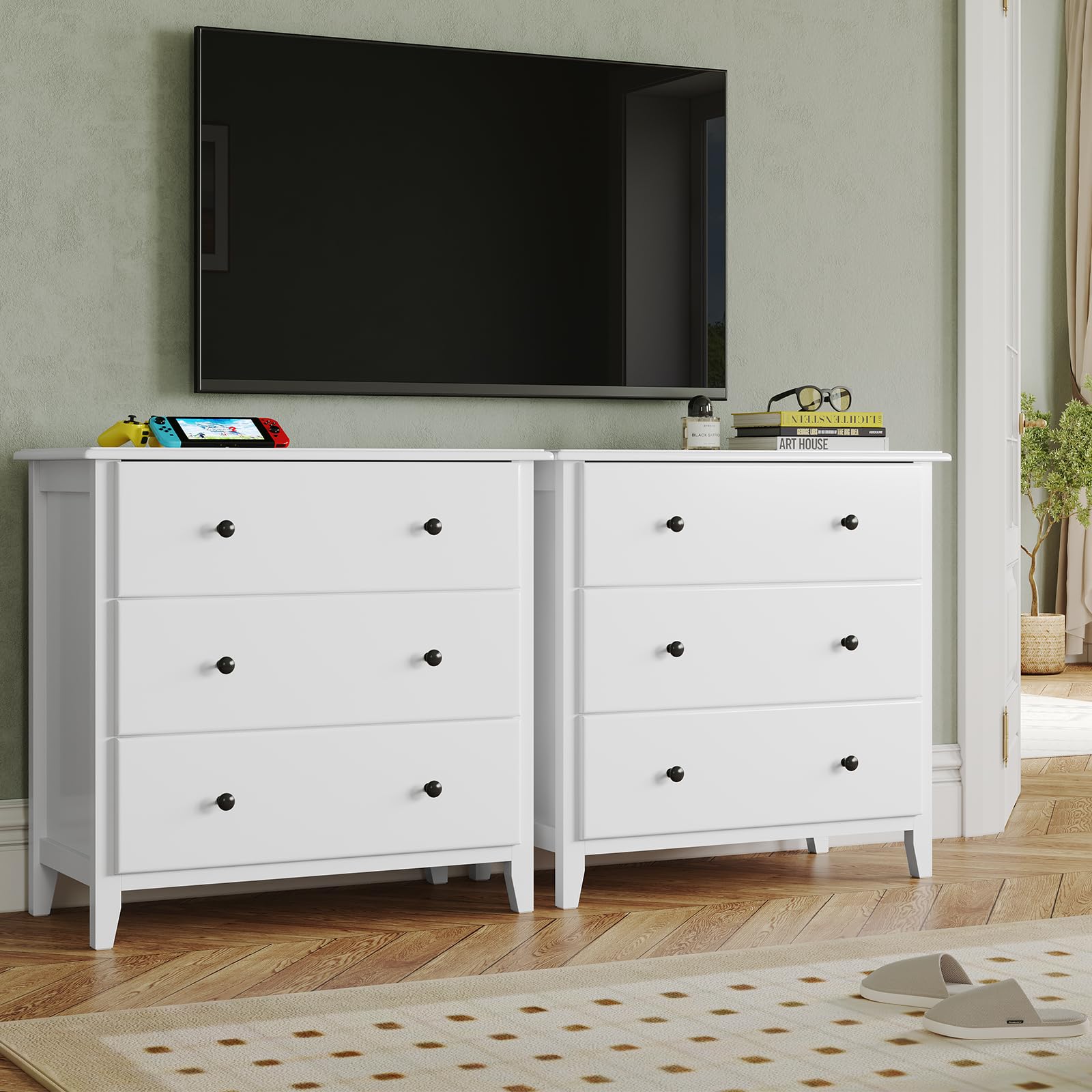 Hasuit White Dresser for Bedroom, 27.5''W Dresser with 3 Drawers, Modern Chest of Drawers, Large Capacity Solid Wood Dresser, Storage Cabinet for Bedroom, Hallway (Modern White)