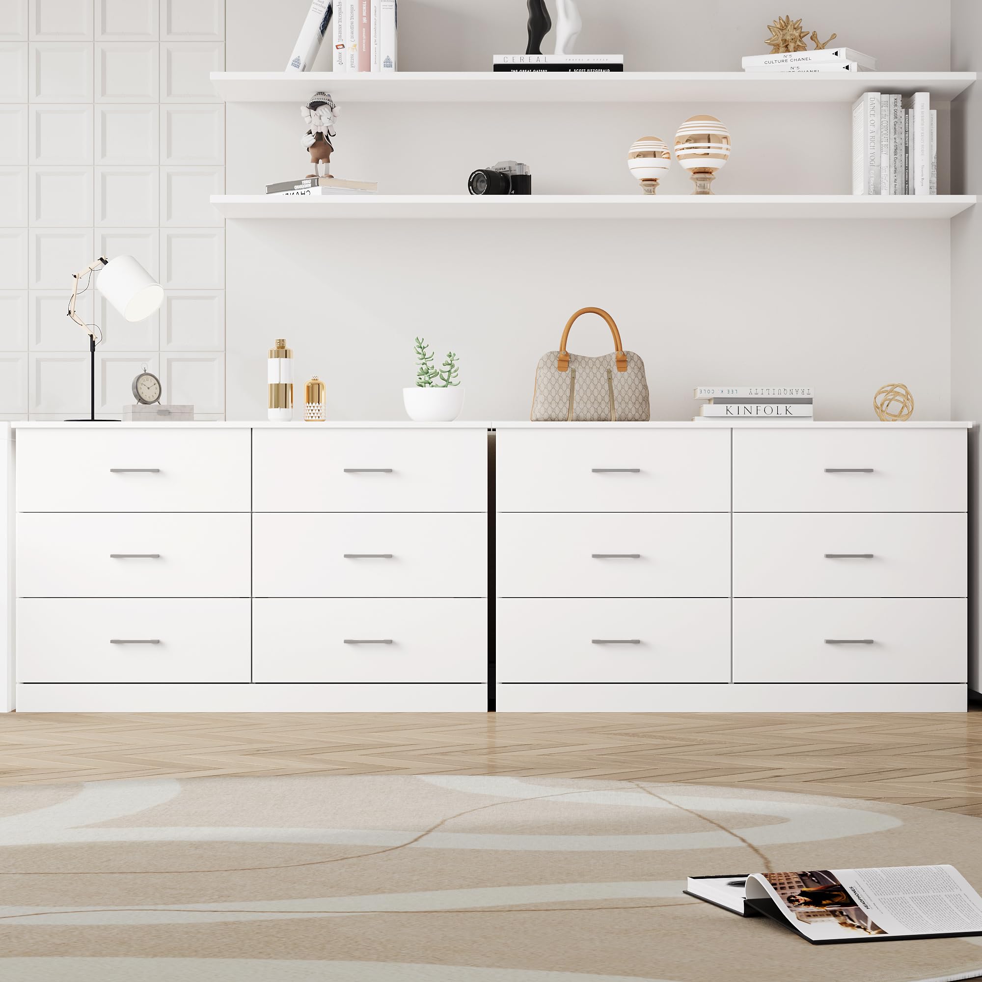 FOTOSOK White Dresser, 47.2'' Large 6 Drawer Dresser Wide Chest of Drawers for TV Stand, Modern Dresser White Floor Storage Drawer Cabinet for Home Office, White