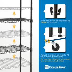 Fencer Wire 4-Tier Commercial Grade Heavy Duty Adjustable Height Wire Shelving w/Casters & Leveling Feet, Garage Shelving Storage Organizer, Storage Metal Steel Shelf, Utility Storage Shelf, Black..