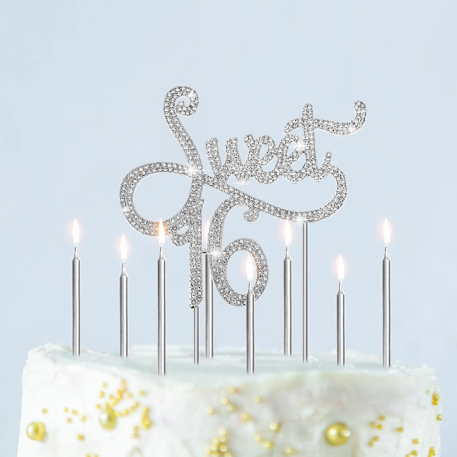 Sweet 16 Cake Toppers Rhinestone Birthday Cake Topper, 20 Pcs Metallic Birthday Candles Sweet 16 Cake Candles Sweet 16 Birthday Decorations Happy Birthday Candles for Cake Birthday Decor (Silver)