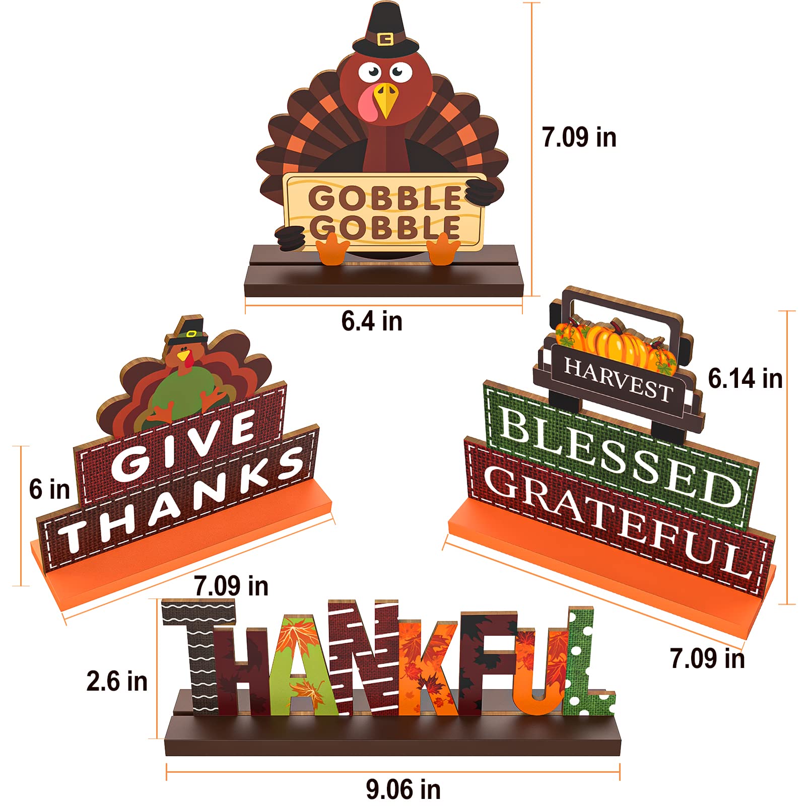 Thanksgiving Centerpieces for Tables Decorations, 4 Pack Wooden Pumpkin Turkey Thankful Blessed Decorative Signs, Harvest Autumn Fall Decor for Home Indoor Party Farmhouse Office Desk Fireplace