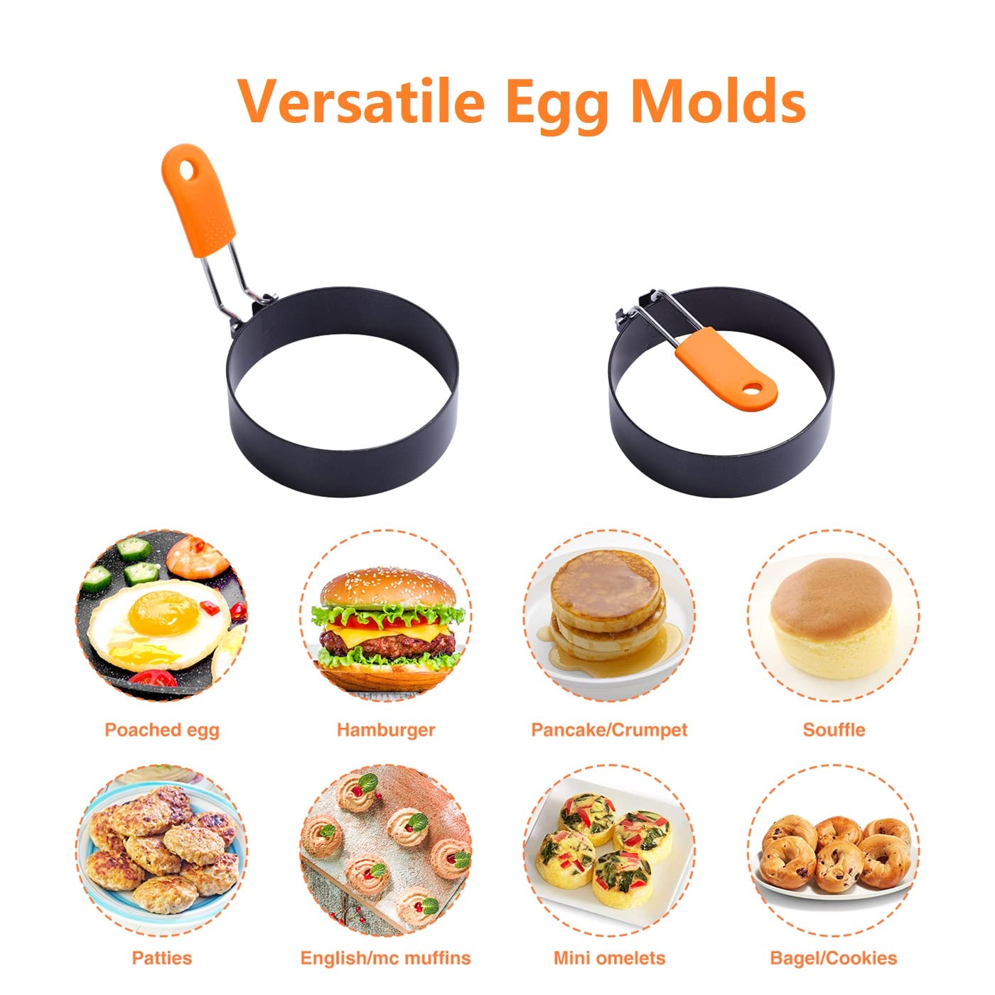 Egg Rings for Frying 4 PCS 3.5 Inch Large Cooking Egg Molds Round Egg Circles, Anti-scald Nonstick Leakproof Egg Mould with Oil Brush