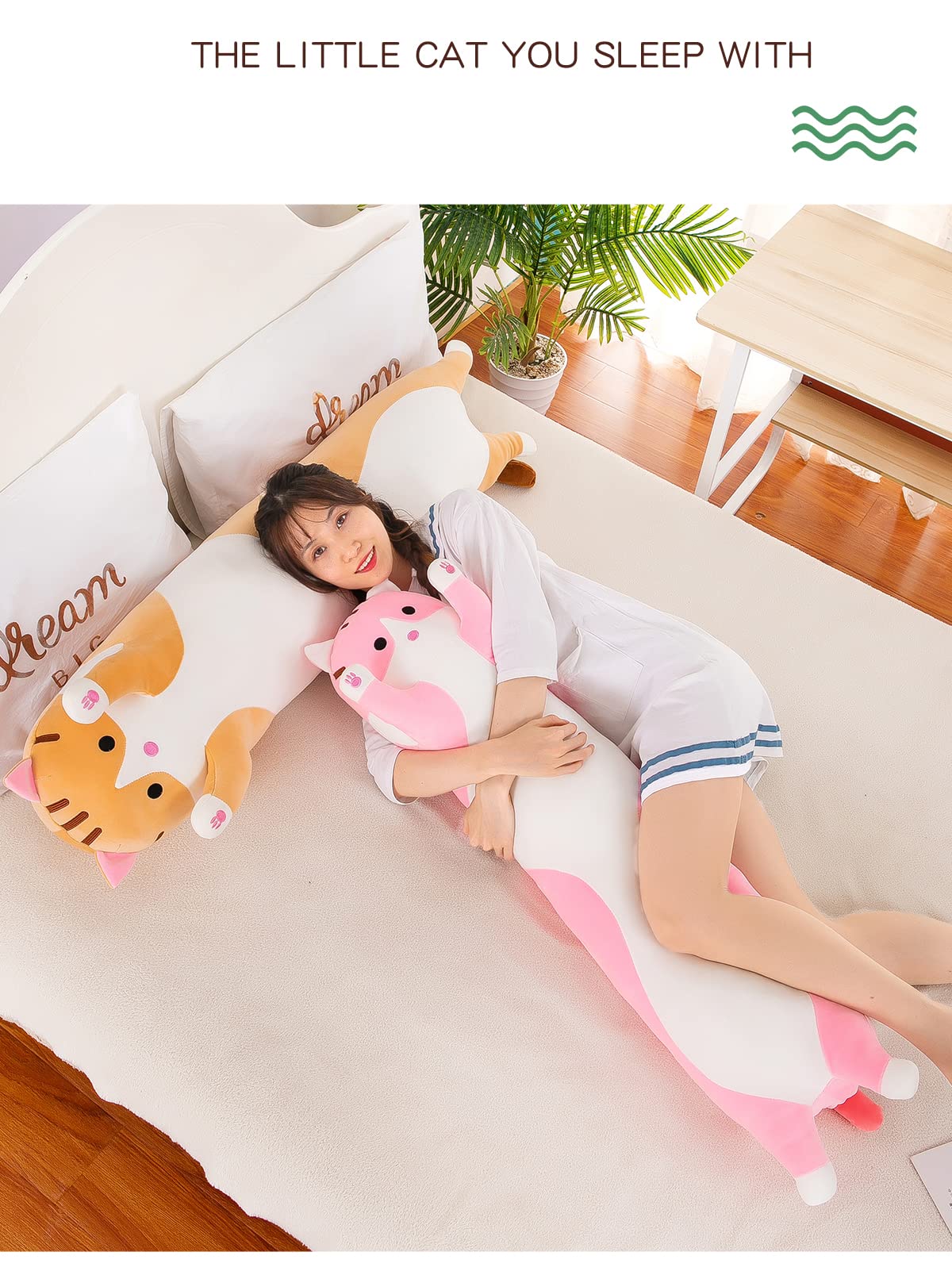 Yeqivo Long Cat Plush Pillow Soft Cat Body Pillow, Long Cat Stuffed Animal Cotton Kitten Sleeping Throw Pillow Gift for Kids Girlfriend(50CM,Pink)