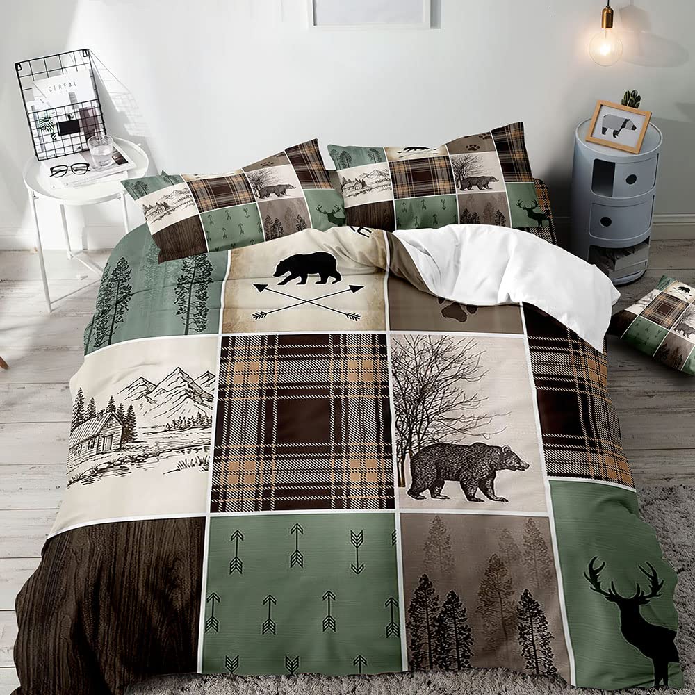 VIVIHOME 3PCS Rustic Cabin Bedding, Duvet Cover Queen, Woodland Animals Wildlife Deer Elk Moose Black Bear Hunting Lodge Country Farmhouse Bedding, Plaid Patchwork Quilt Comforter Cover, 2 Pillowcases