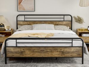 ikifly california king bed frames with wood headboard footboard, farmhouse metal cal king platform bed, heavy duty steel slats, 12" under bed storage, noise free, no box spring needed - rustic brown