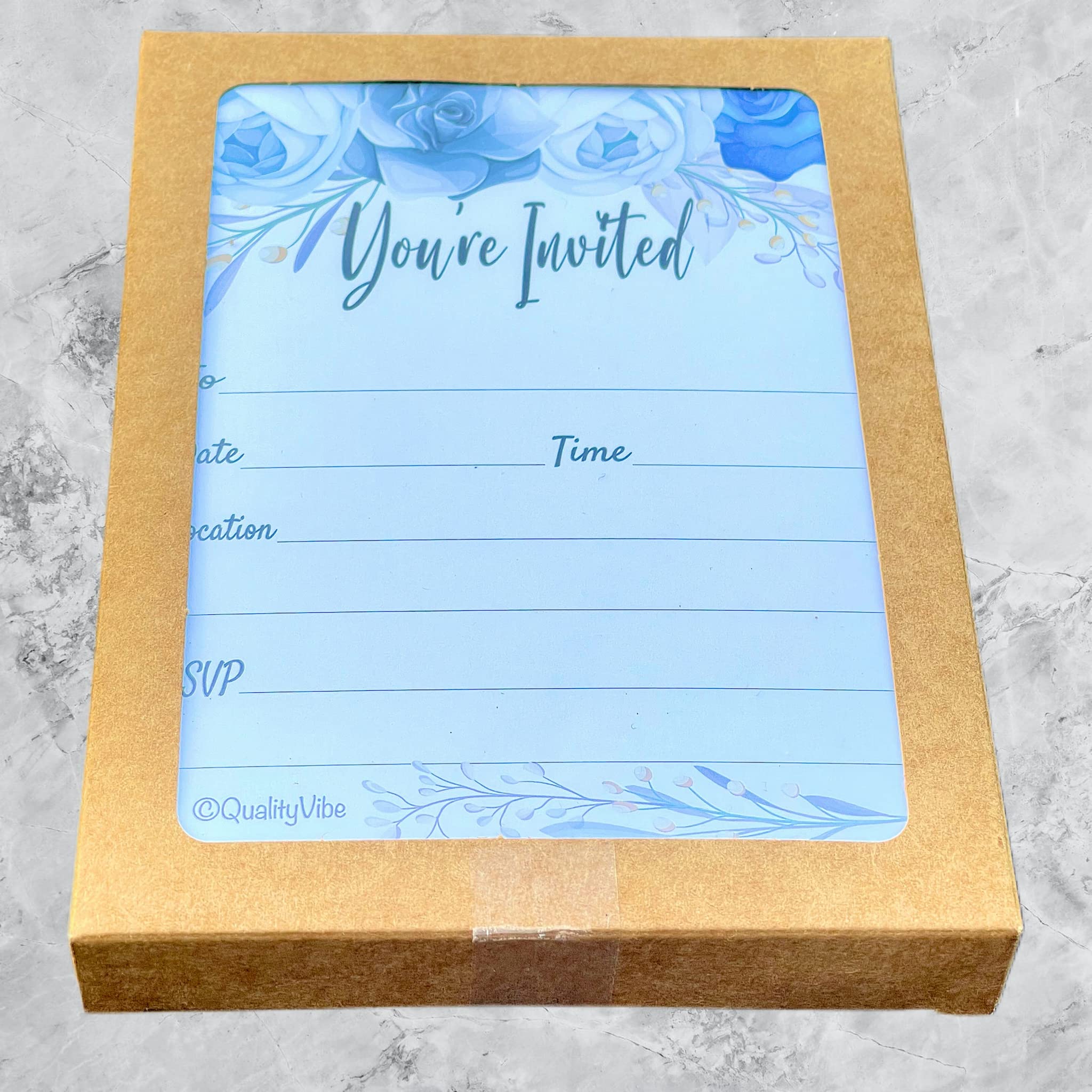 25 Gray & Blue Flower Invitations With Envelopes, Fill In Style You're Invited, Elegant Gray, Birthdays, Baby & Bridal Showers. Thick & Non Coated Cardstock For Use With Any Pen.