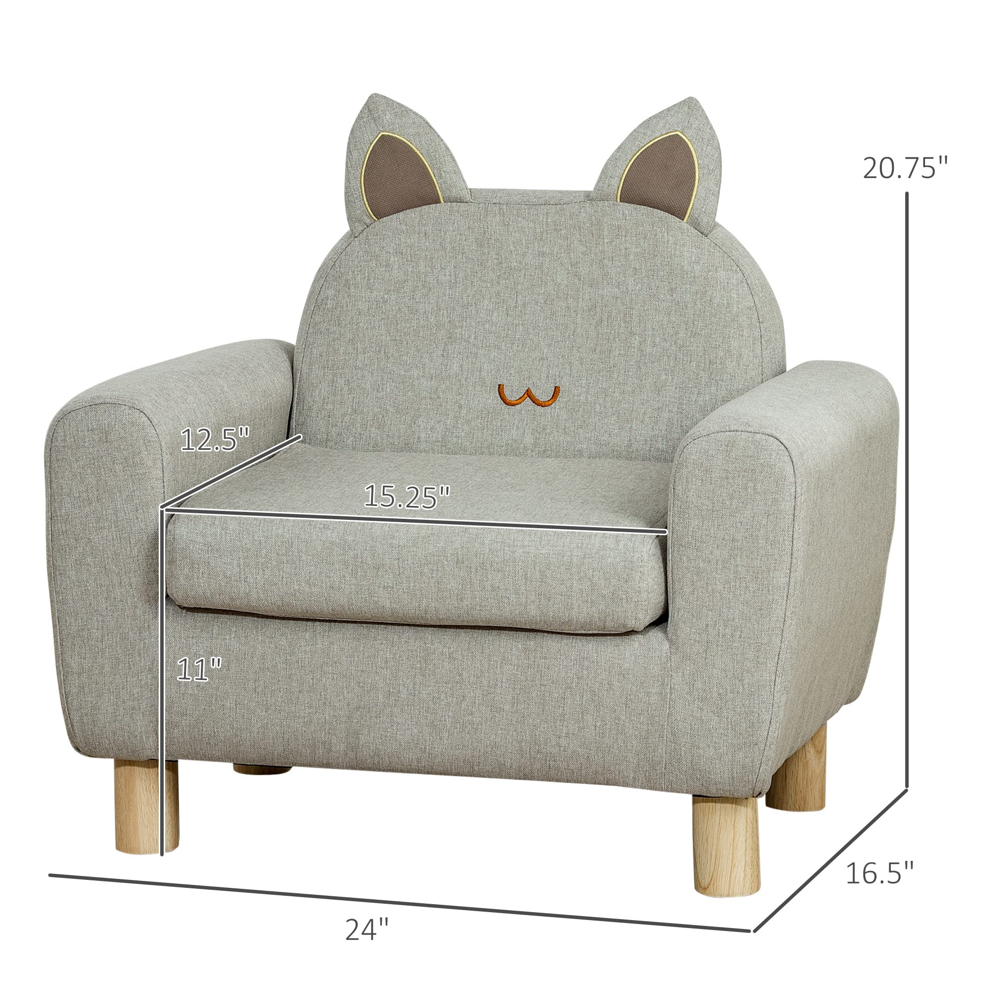 Qaba Kids Sofa, Toddler Armchair and Couch with Cat Ear Backrest and Wooden Legs Preschool, Bedroom, Kindergarten, Grey