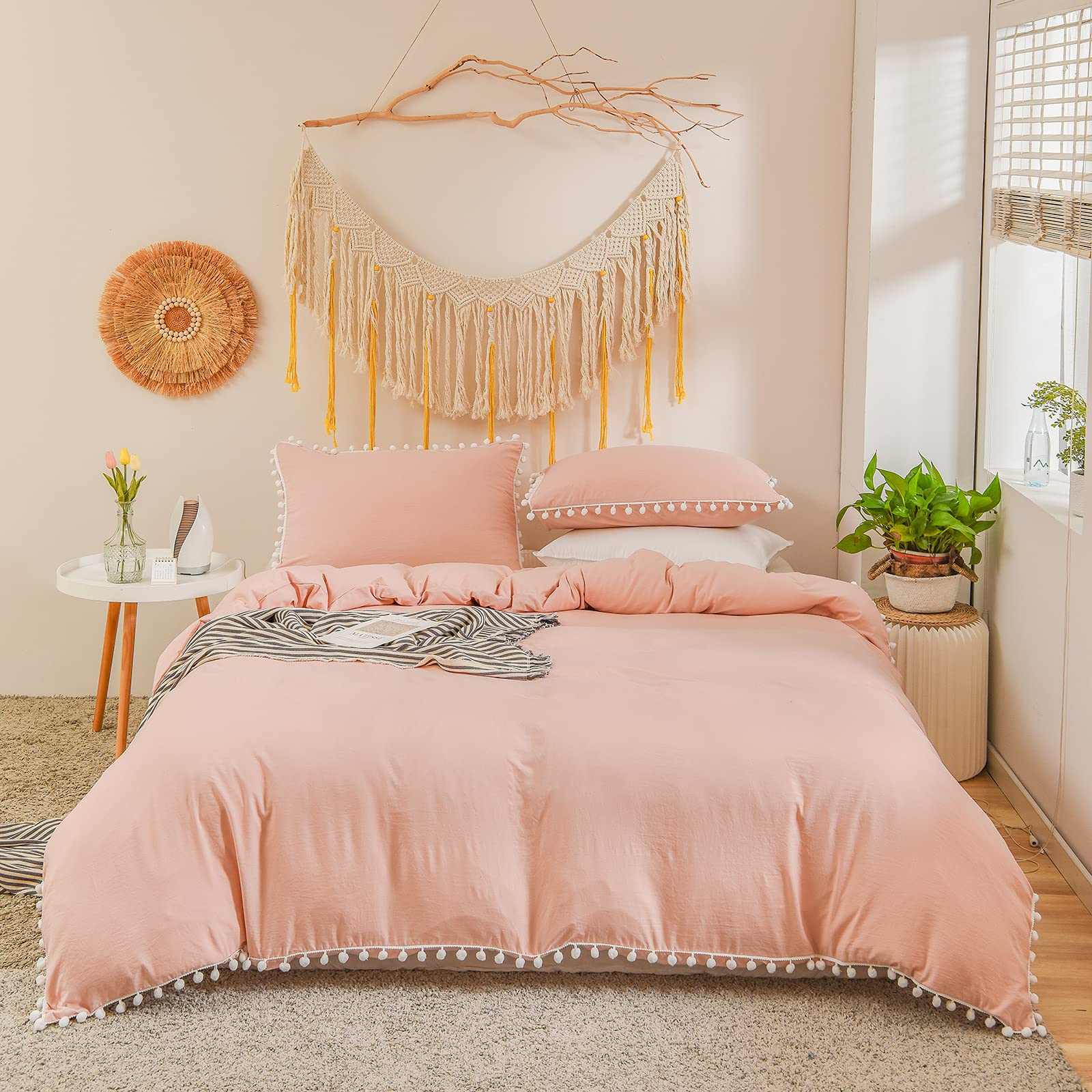 Peach Duvet Cover Full Farmhouse Bedding Set Peach Soft Feel Natural Wrinkled Bedding Set 1 Duvet Cover 2 Pillowcases (No Comforter)