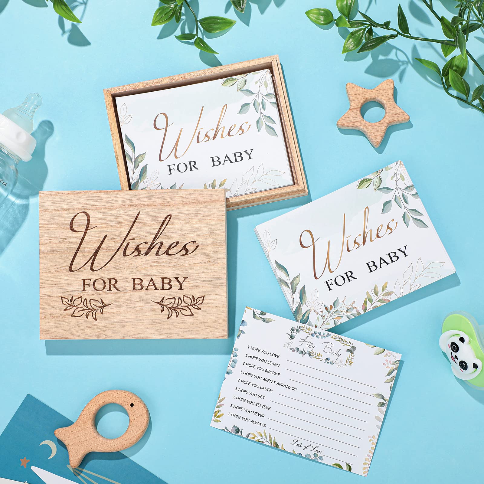 Junkin 50 Pack Baby Shower Advice Cards and Wood Baby Keepsake Box, Baby Advice Cards Wishes for Baby Cards for Baby Shower Games Invitations Gifts, 5 x 4 Inch (Leaves)