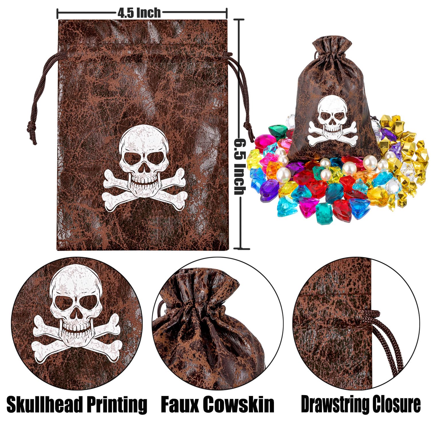 RICHNESS Pirate Loot Bags Goodie Bags with Drawstring 4.5 x 6.5 Inches Faux Cow Skin Pirate Treasure Bags for Pirate Party Favors Pack of 12