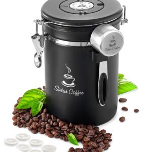 Coffee Canister Airtight Coffee Container - Stainless Steel Coffee Storage for Beans, Grounds, Tea, Sugar - Coffee Containers with Date Tracker, Scoop, CO2 Valve Filters, Large Coffee Jar 22oz, Black