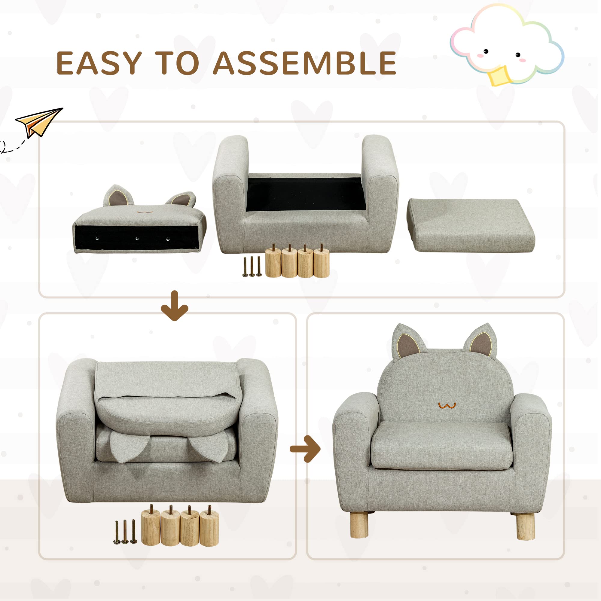 Qaba Kids Sofa, Toddler Armchair and Couch with Cat Ear Backrest and Wooden Legs Preschool, Bedroom, Kindergarten, Grey