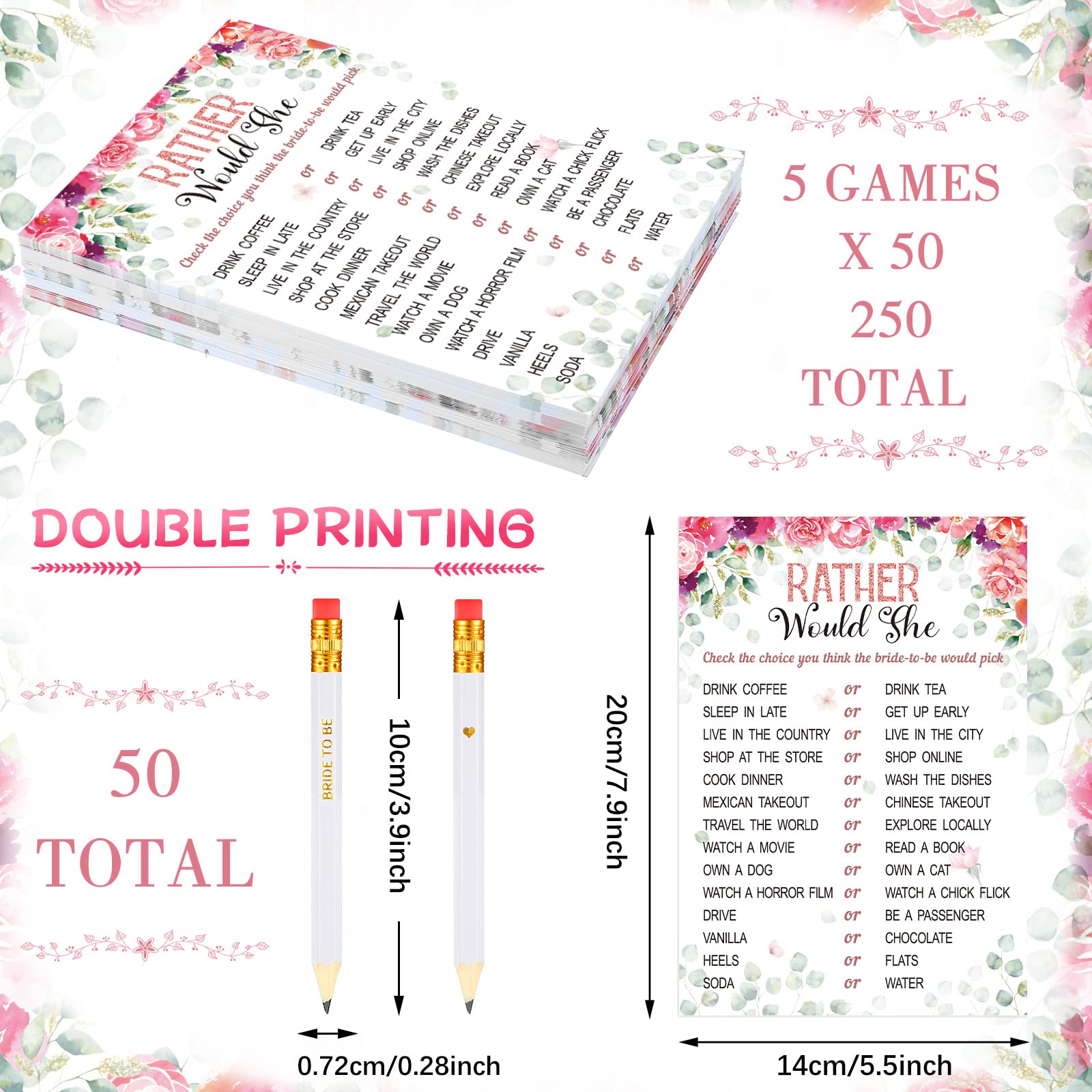 300 Pcs Bridal Shower Games Supplies Include 5 Sets 50 Wedding Games Cards and 50 Pencils, Bridal Shower Decorations Bridal Favors for Guests Bride Groom Bridal Wedding, 50 Guests (Fresh Style)