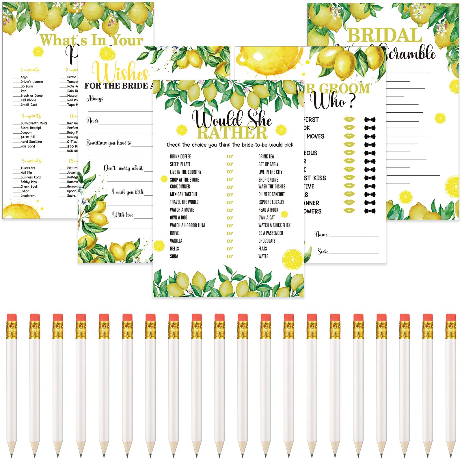 Leinuosen 220 Pcs Lemon Bridal Shower Games Set Wedding Shower Game Supplies Include Bridal Games Cards and Pencils for Bachelorette Engagement Party Decorations Favors