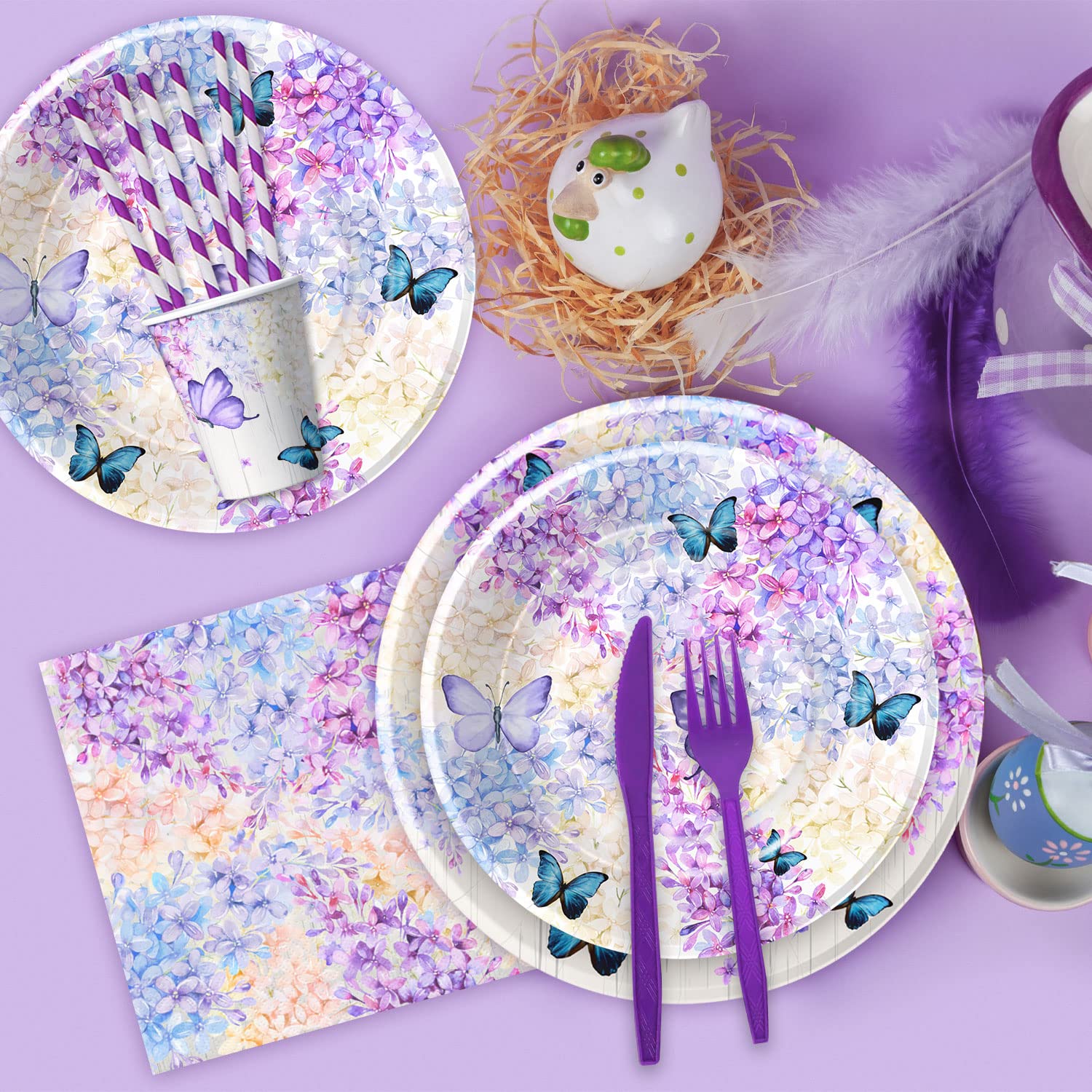 HIPVVILD Butterfly Party Decorations Tableware - Butterfly Birthday Party Supplies, Plate, Napkin, Cup, Tablecloth, Cutlery, Straw, Hydrangea Butterfly Baby Shower Decorations Dinnerware | Serve 24