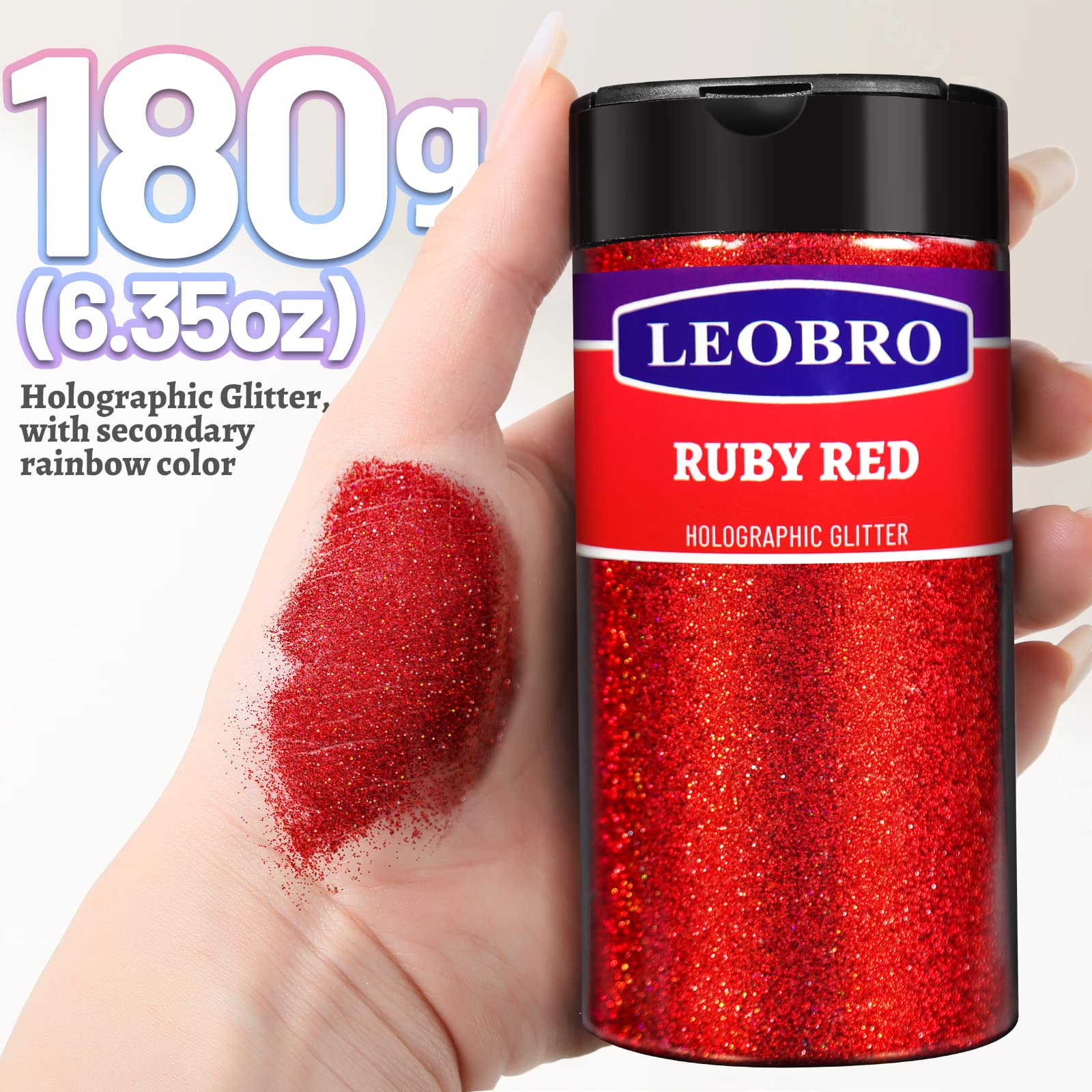 LEOBRO Red Glitter, Glitter, 180g/6.35oz Holographic Ultra Fine Glitter, 1/128" Resin Glitter Powder, Metallic Iridescent Glitter for Resin Tumblers Hair Body, Christmas Glitter for Crafts