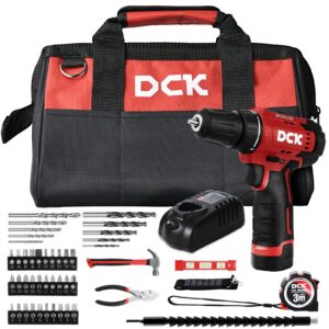 dck brushless drill set, 310 in.lbs，12v max cordless drill with 2.0ah battery, 3/8’’ keyless chuck, 2 variable speeds, 20+1 torque power tool kit for screw wood/ceramic/tile/metal kdjz23-10