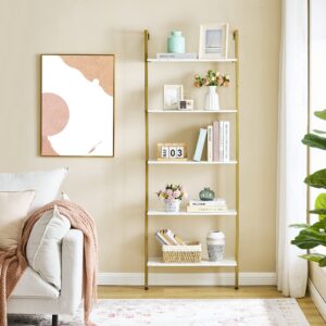 Tajsoon 5-Tier Ladder Shelf, Large Wall Mount Bookshelf with Metal Frame, Open Display Shelves for Living Room, Bedroom, Home, Plant Flower, White & Gold