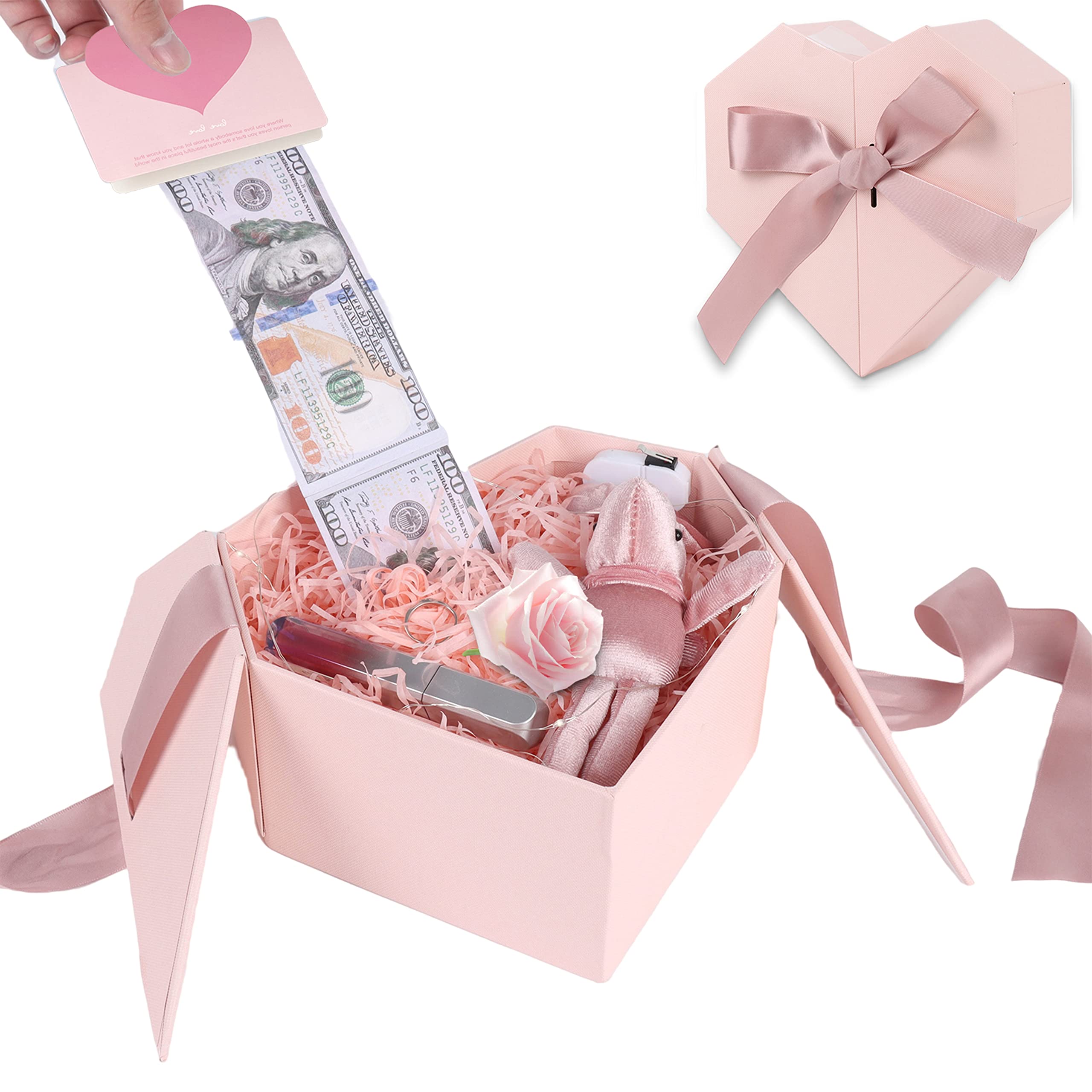 Money Box for Cash Gift Pull Pink - Money Gift Box for Cash Gift Ideas-Love Box with Money Pull Out KIT & Automatic ON/Off String Light - Birthday Money Pull Box Surprise Money Box.