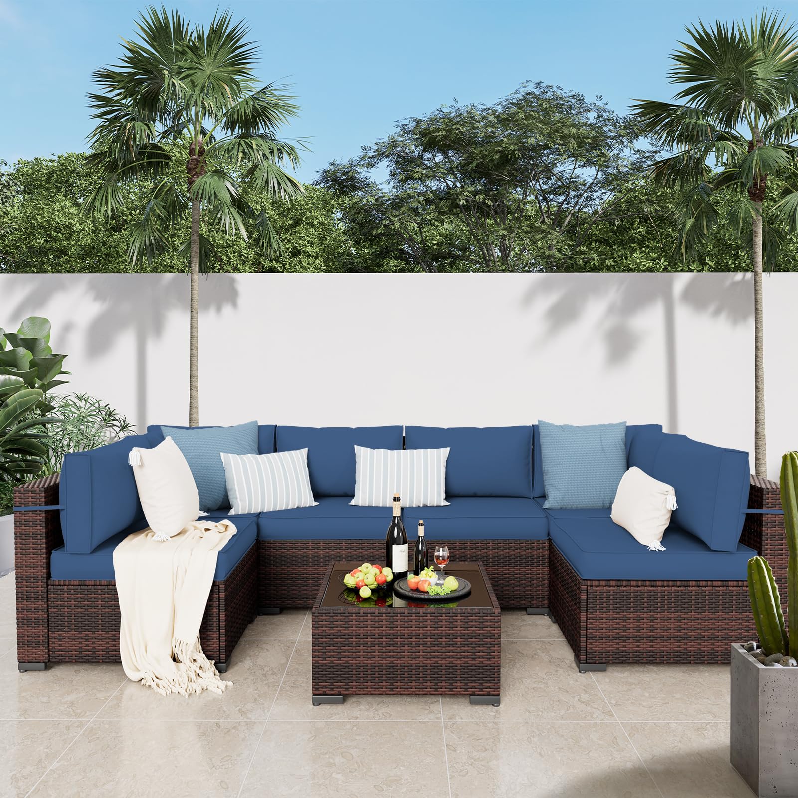 Amopatio Patio Furniture Set 7 Pieces Patio Conversation Set Outdoor Sectional Wicker Rattan Sofa with All-Weather Cover, Patio Furniture with Pillows Fits Porch Garden Backyard Balcony (Navy)