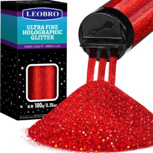 leobro red glitter, glitter, 180g/6.35oz holographic ultra fine glitter, 1/128" resin glitter powder, metallic iridescent glitter for resin tumblers hair body, christmas glitter for crafts