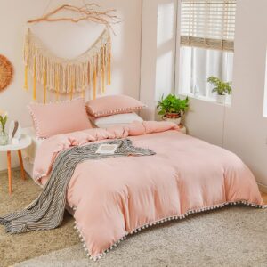 Peach Duvet Cover Full Farmhouse Bedding Set Peach Soft Feel Natural Wrinkled Bedding Set 1 Duvet Cover 2 Pillowcases (No Comforter)