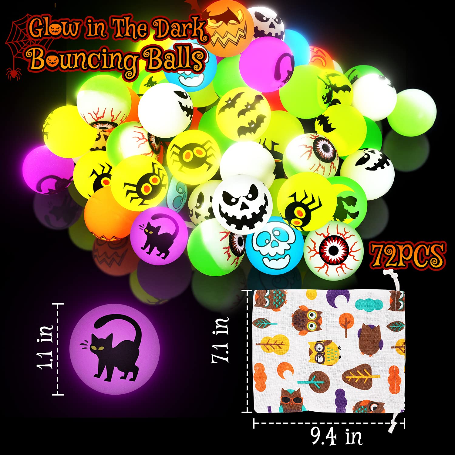 72 Glow in The Dark Halloween Bouncy Balls, 8 Halloween Designs - Eyeball Toy for Kids, Halloween Party Favor Supplies, School Classroom Game Rewards, Trick or Treating Goodie - With Pouch Bag