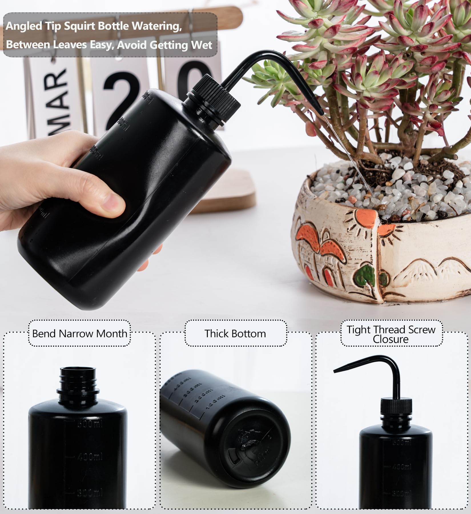 Melphoe Tattoo Wash Bottle Squeeze 3Pcs 500ml Squirt Bottle Succulent Watering Can, Safety Rinse Bottle, Plastic Squeeze Medical Lab Washing Bottle, Tattoo Supplies, Lash Water Bottle, Black