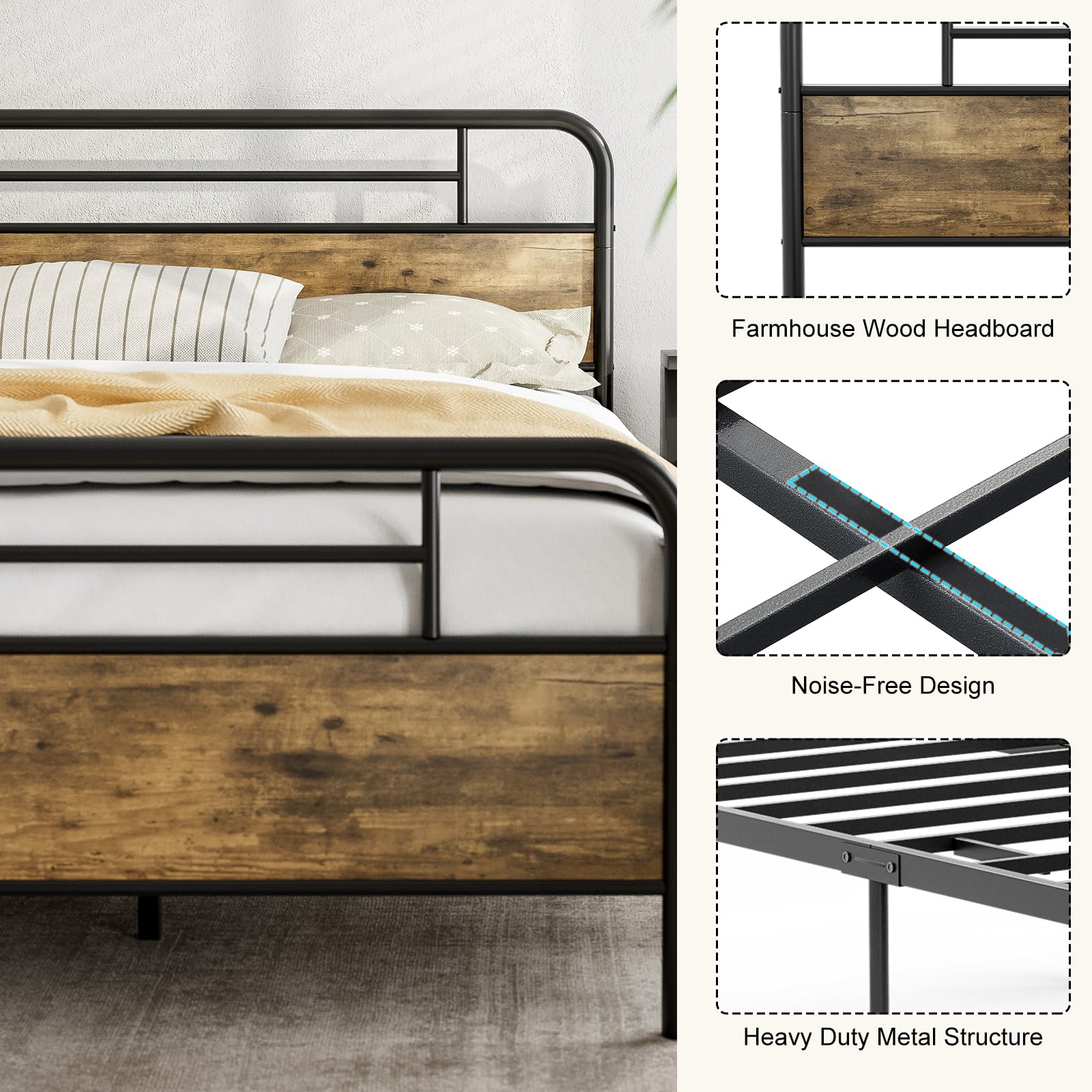 IKIFLY California King Bed Frames with Wood Headboard Footboard, Farmhouse Metal Cal King Platform Bed, Heavy Duty Steel Slats, 12" Under Bed Storage, Noise Free, No Box Spring Needed - Rustic Brown