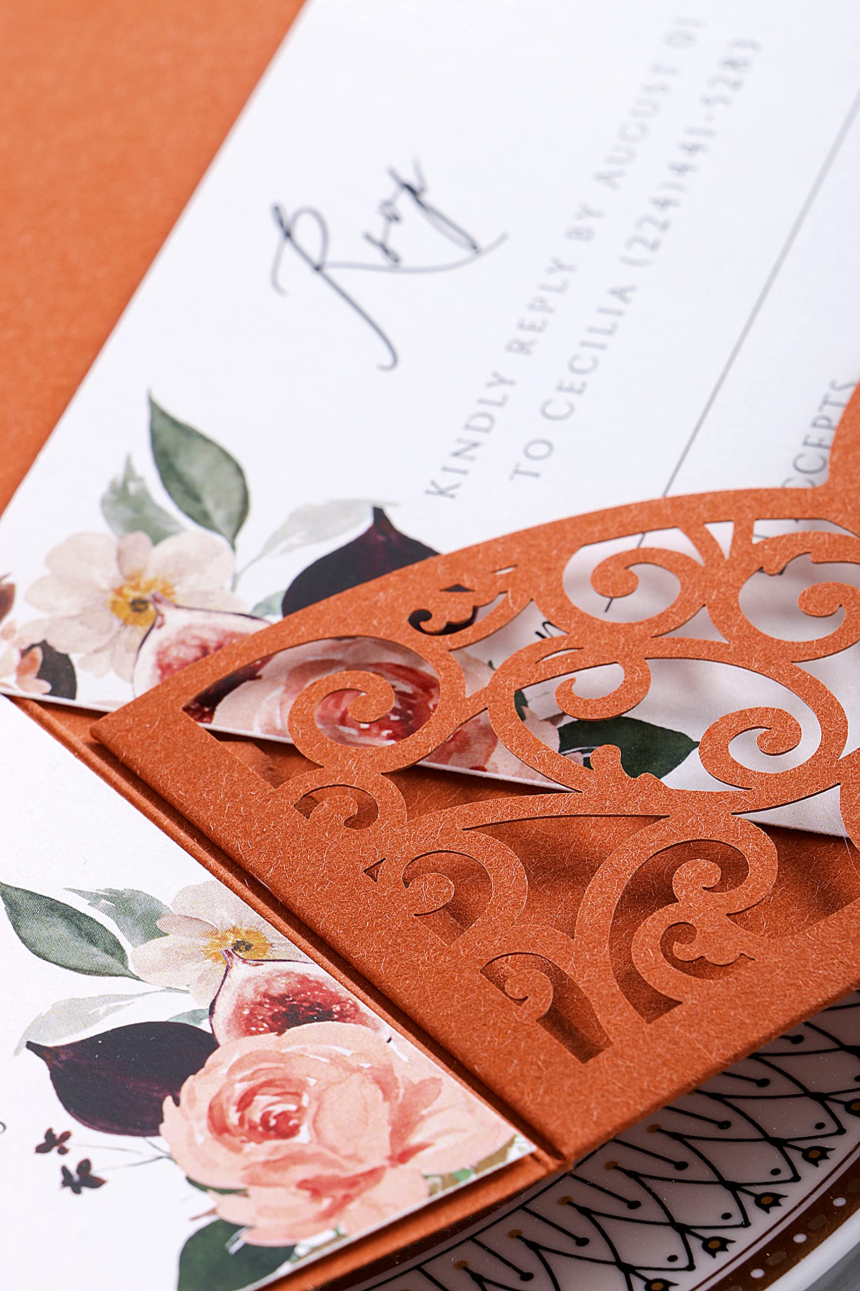 PONATIA 20 PCS Laser Cut Invitations Pockets, Terracotta Wedding Invitations with Envelopes for Wedding Party Bridal Shower Engagement Birthday Invite,Autumn Wedding Invitations