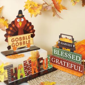 Thanksgiving Centerpieces for Tables Decorations, 4 Pack Wooden Pumpkin Turkey Thankful Blessed Decorative Signs, Harvest Autumn Fall Decor for Home Indoor Party Farmhouse Office Desk Fireplace